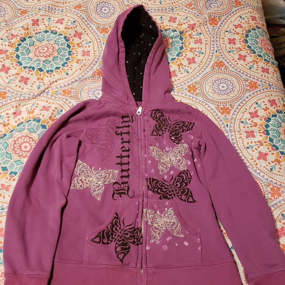 Green Soda Purple Butterfly Full Zip Hoodie Sz L